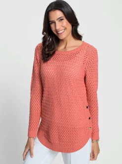 Pull encolure ronde coton tricot ajouré et 3 boutons décoratifs latéraux
