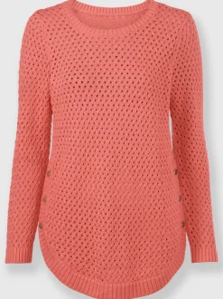 Pull encolure ronde coton tricot ajouré et 3 boutons décoratifs latéraux