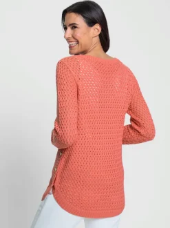 Pull encolure ronde coton tricot ajouré et 3 boutons décoratifs latéraux