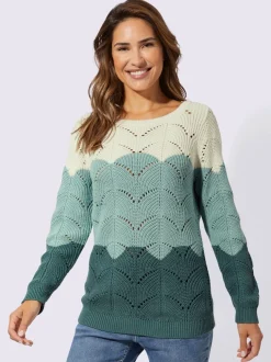 Pull à encolure ronde et tricot ajouré pur coton manches longues