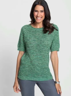 Pull en coton col rond et manches courtes à motif tricoté