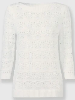 Pull en coton confortable avec motif ajouré et manches trois quarts