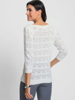 Pull en coton confortable avec motif ajouré et manches trois quarts