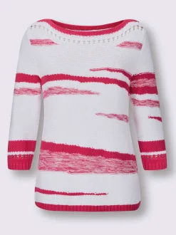 Pull en coton rayé col en U et manches trois quarts