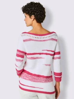 Pull en coton rayé col en U et manches trois quarts