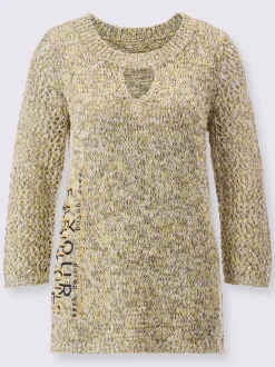 Pull en tricot ajouré à col rond et manches trois quart