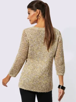 Pull en tricot ajouré à col rond et manches trois quart