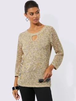 Pull en tricot ajouré à col rond et manches trois quart