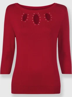 Pull en tricot col en U avec découpes goutte et pierres