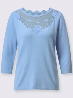 Pull en tricot fin col rond manches trois quarts dentelle filigrane