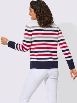 Pull en tricot fin pur coton à rayures et col rond