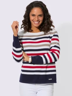 Pull en tricot fin pur coton à rayures et col rond
