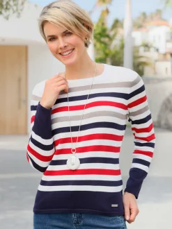 Pull en tricot fin pur coton à rayures et col rond
