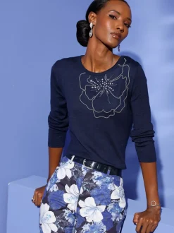 Pull en tricot à motif floral placé et manches longues