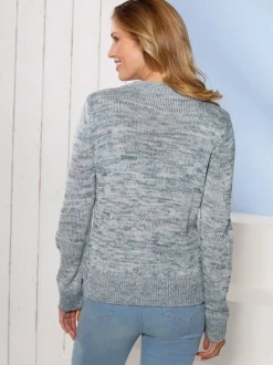 Pull femme en fils chinés contrastés col montant et manches