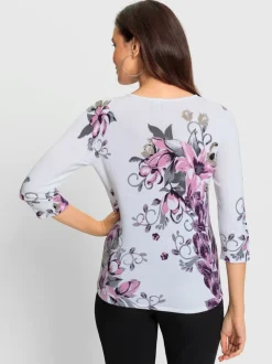 Pull floral en viscose ECOVERO col rond et manches trois quarts