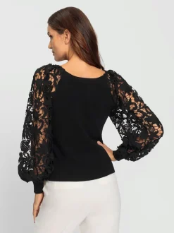 Pull à manches longues détails en dentelle tendance