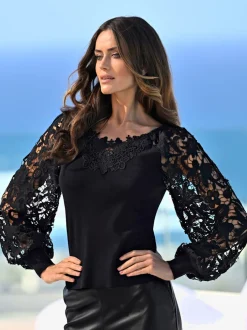 Pull à manches longues détails en dentelle tendance