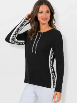 Pull à manches longues en tricot fin viscose et bandes fantaisie