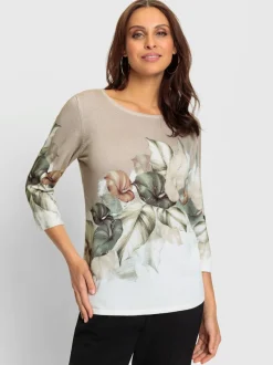 Pull à manches trois quarts avec col rond et motif feuilles