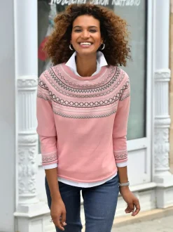 Pull motif norvégien jacquard col rond et finitions côtelées