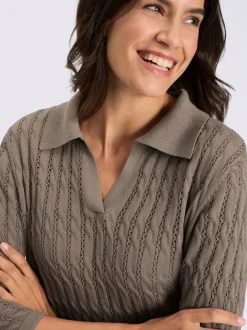 Pull polo maille torsadée ajourée