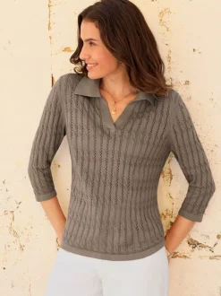 Pull polo maille torsadée ajourée