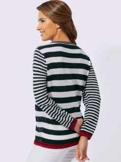 Pull rayé jacquard à col rond et manches longues inscription devant