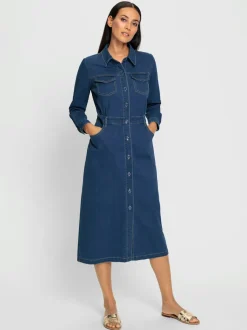 Robe en jean à col chemise manches longues et boutons