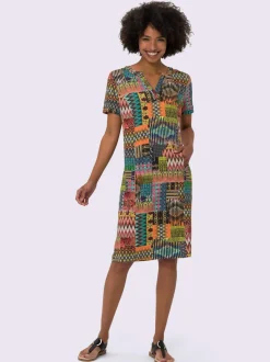 Robe en jersey imprimé géométrique col V ouvert et manches courtes