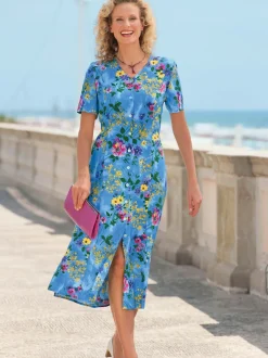 Robe fleuri à col en V et manches courtes