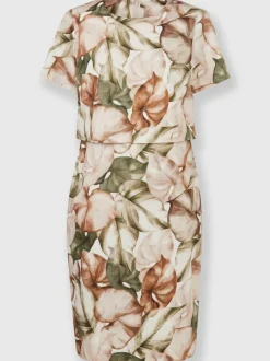 Robe fourreau à manches courtes imprimée de feuilles