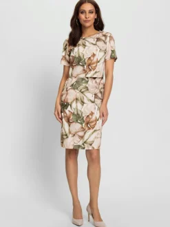Robe fourreau à manches courtes imprimée de feuilles