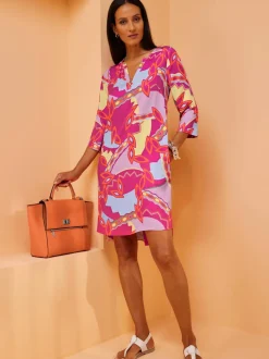 robe imprimée motif abstrait en viscose fluide et manches trois quarts