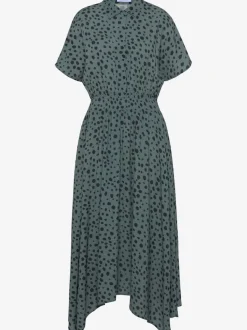 Robe imprimée à pois col chemisier mancherons empiècement smocké viscose tissée