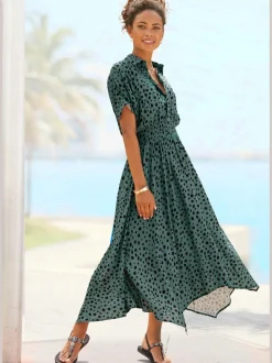 Robe imprimée à pois col chemisier mancherons empiècement smocké viscose tissée