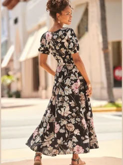 Robe longue col V profond avec manches bouffantes fleurs en viscose