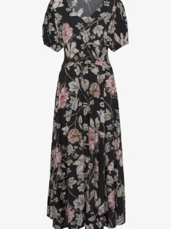 Robe longue col V profond avec manches bouffantes fleurs en viscose