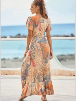 Robe longue encolure en v profonde et manches chauve-souris courtes