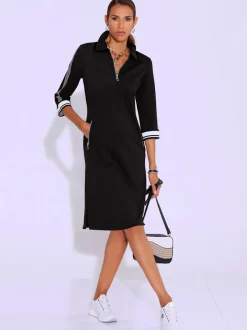 Robe polo col et manches trois quart poches zippées bords rayés