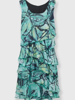 Robe sans manches à col rond et volants motif abstrait georgette