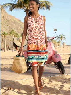 Robe été sans manches encolure ronde et imprimé feuilles