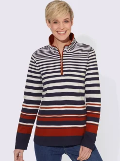 Sweatshirt pur coton à col camionneur et manches longues rayé marin