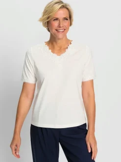 T shirt à dentelle sur encolure en V et manches courtes
