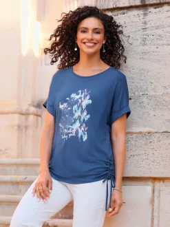 T shirt à manches courtes col rond imprimé floral et fronces