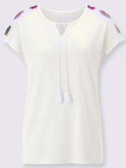 T shirt à manches courtes col en V et dentelle crochetée