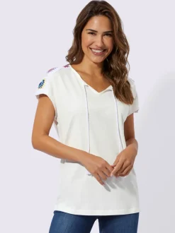 T shirt à manches courtes col en V et dentelle crochetée