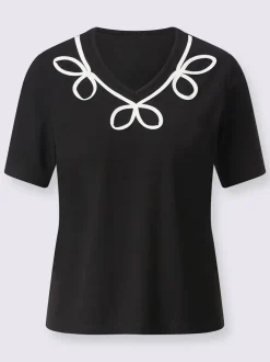 T shirt à manches courtes col V et broderie en courbe