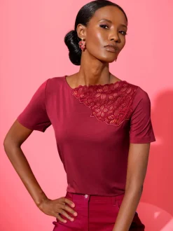 T shirt à manches courtes dentelle asymétrique et col en U