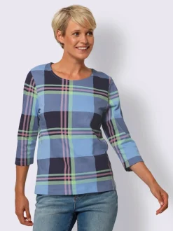 T shirt à manches trois quart et col rond motif carreaux